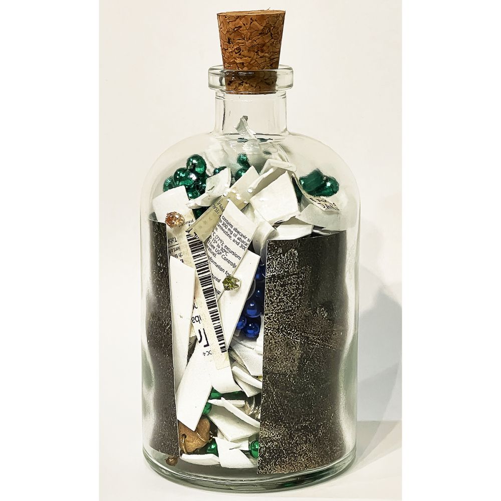 <br/>Hosta Praetorian back, 10/10/2025<br/>Apx 6½" x 3" x 3"<br/>glass, paper, ink, cork and plastic